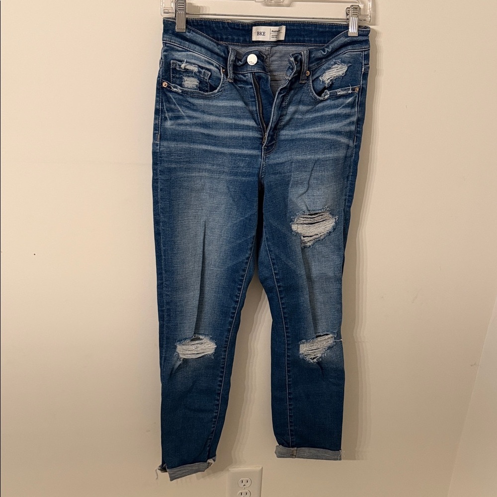 BKE Parker Stretch Ankle Cuff Blue Distressed Jeans size 25